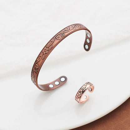 Bracelet & Bague Fleur Rétro Cuivre Ancien Magnétique – Set Ajustable Unisexe