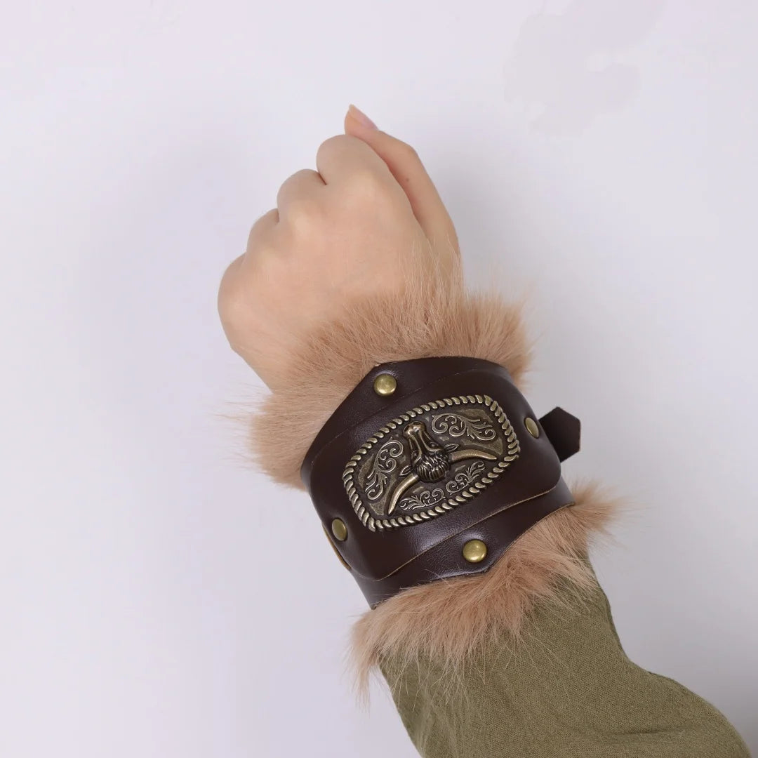 Bracelets Médiévaux en Cuir Synthétique avec Bordure en Fourrure - Cosplay & Costume