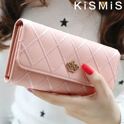 Portefeuille Femme Long Cuir PU Carreaux Rose - Porte-Carte Téléphone Hasp Poche Monnaie Élégant