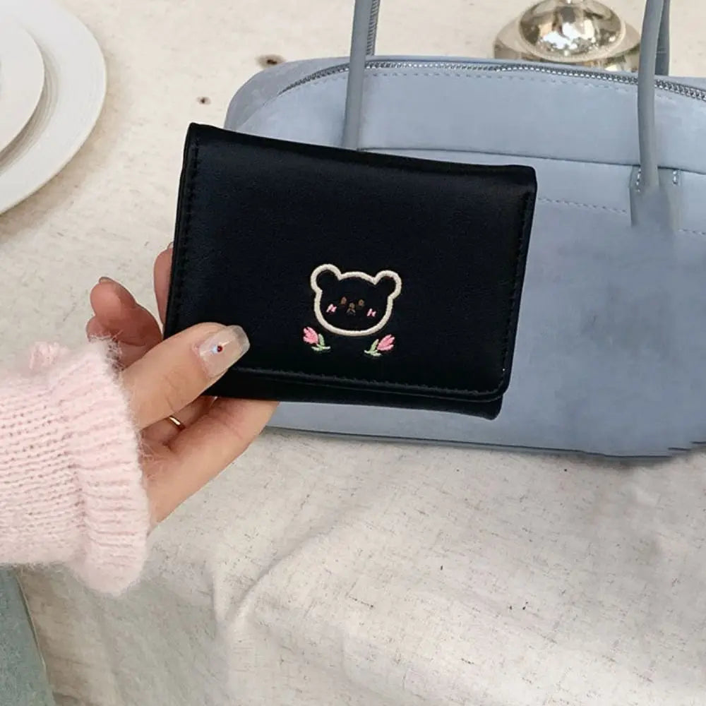 Portefeuille Femme Kawaii Cute Trifold PU - Porte-Carte Multi-Emplacements Porte-Monnaie Étudiant Noir
