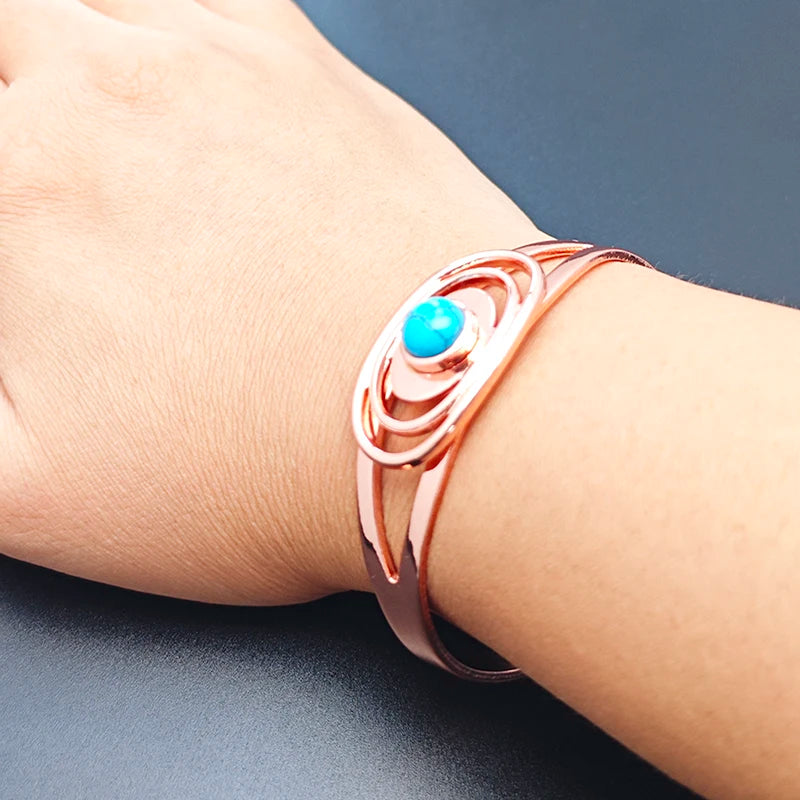 Jonc Cuivre Pur Magnétique Pierre Bleue – Bracelet Ouvert Ajustable Femme Guérison