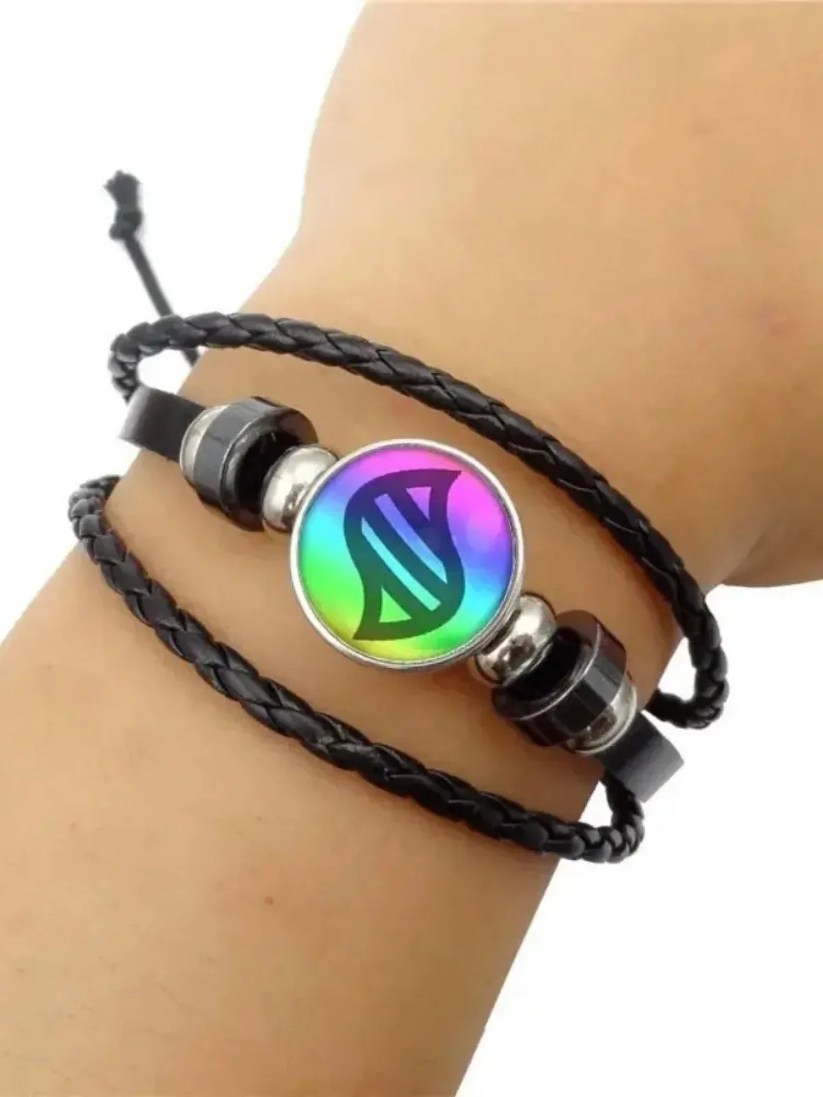 Bracelet Cuir Tressé Cabochon Verre – Bangle Ajustable Tendance Unisexe
