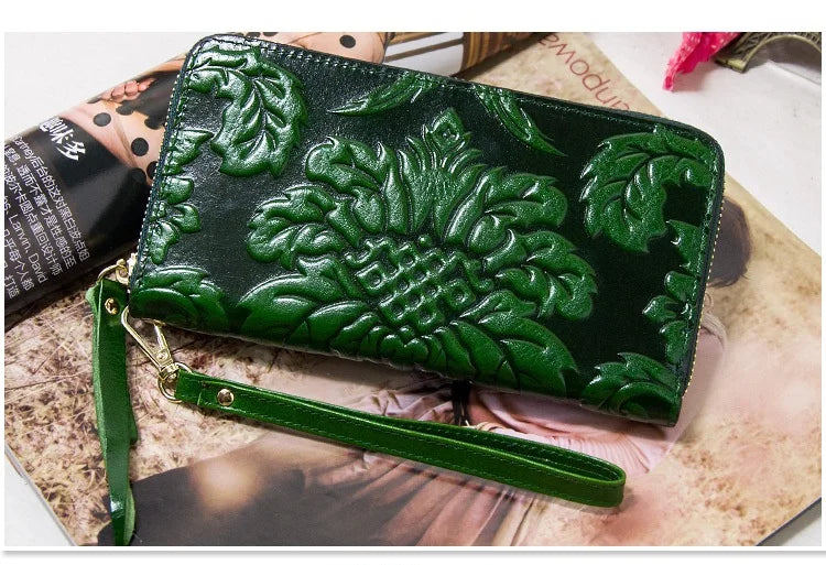 Portefeuille Femme Cuir Véritable Vintage Floral - Grande Capacité Clutch Pochette en Cuir de Vache