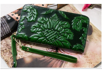 Portefeuille Femme Cuir Véritable Vintage Floral - Grande Capacité Clutch Pochette en Cuir de Vache