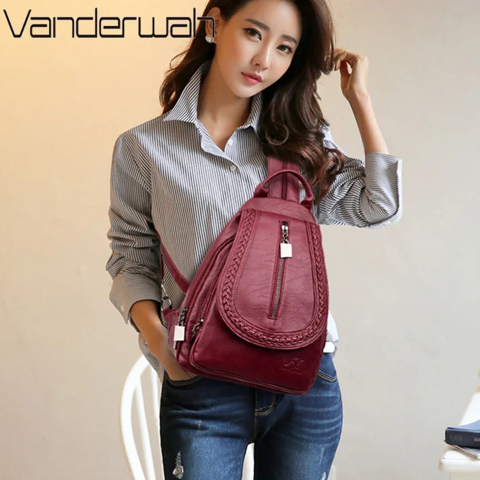 Sac à Dos Femme Cuir Souple Vintage 3-en-1 - Backpack Crossbody Bandoulière Voyage École