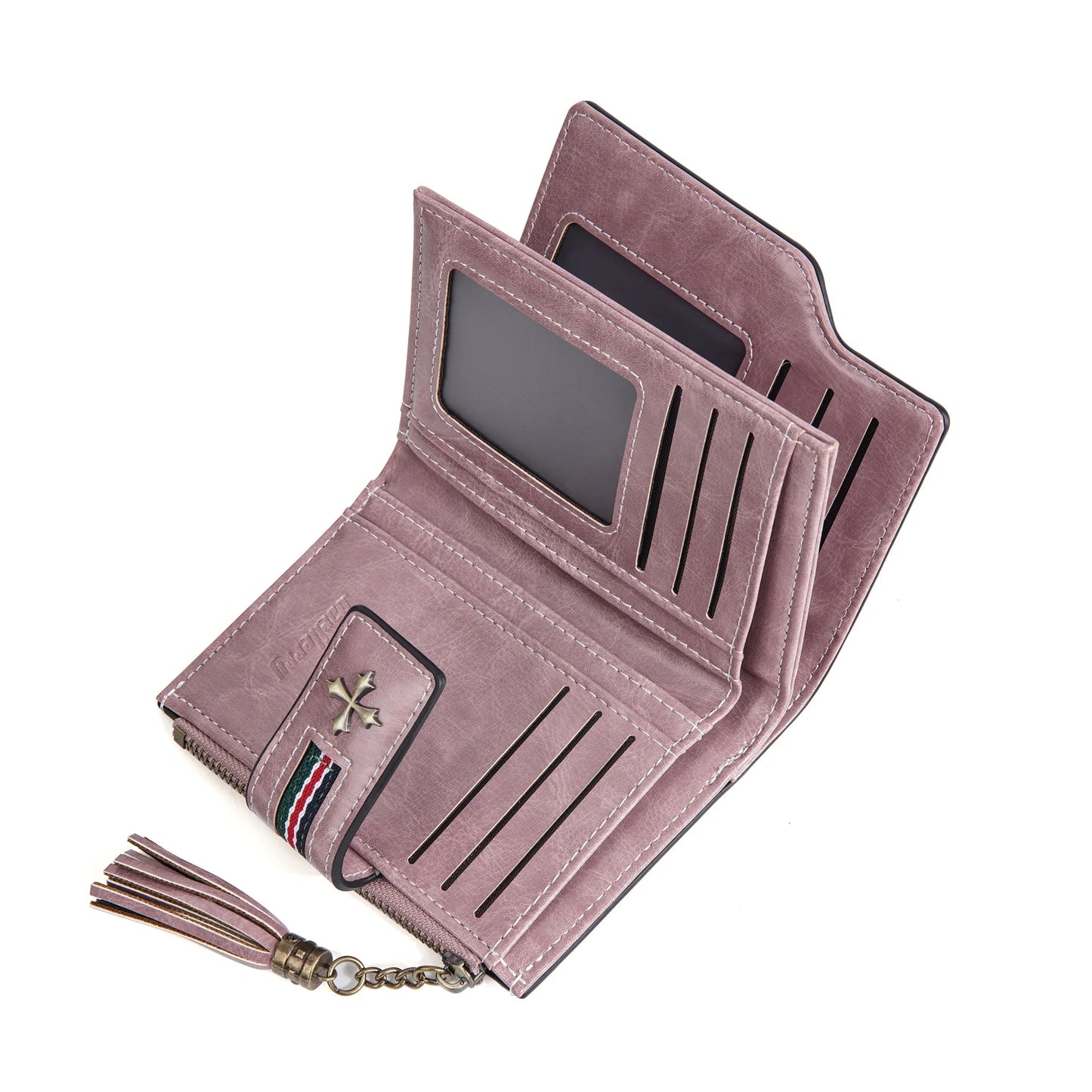 Portefeuille Femme Cuir Ciré Glands - Porte-Monnaie Tri-Fold Multi-Fentes Fermeture Éclair