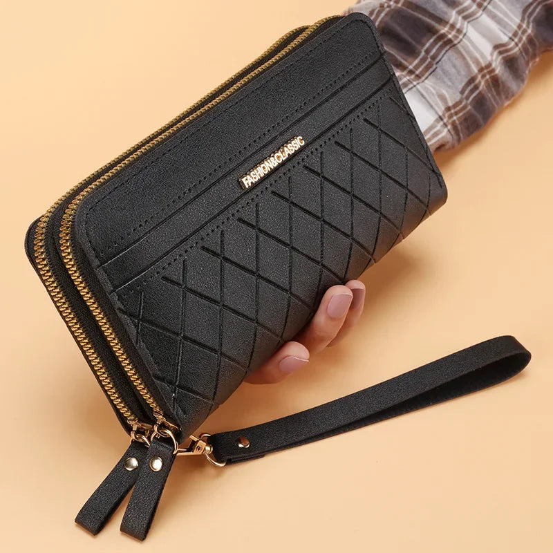 Portefeuille Femme Cuir PU Pompon - Porte-Monnaie Double Fermeture Éclair