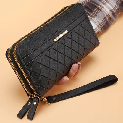 Portefeuille Femme Cuir PU Pompon - Porte-Monnaie Double Fermeture Éclair