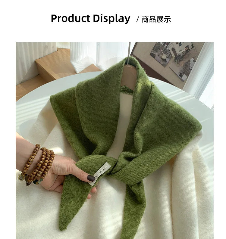 Foulard Triangle Laine Niche Britannique Coréen Vert - Écharpe Tricotée Multifonction Femme