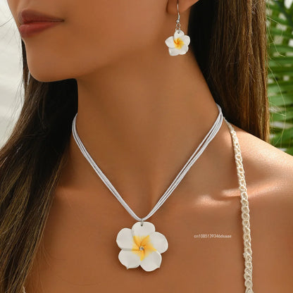 Ensemble Bijoux Fleurs Tressées Bohème Grande Fleur – Collier Boucles Rose Rouge Bleu Plage Femme