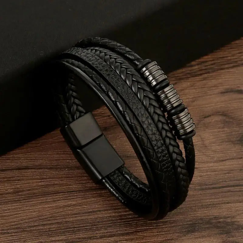 Bracelet en Cuir Tissé Main Multi-Couches pour Homme - Combinaison Classique Punk