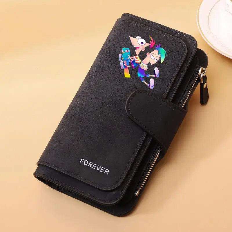 Portefeuille Long Phineas et Ferb Cuir PU - 15 Porte-Cartes Zip pour Enfants