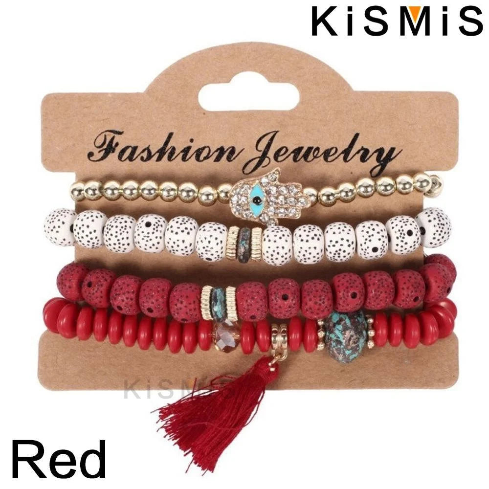 Set de 4 Bracelets Bohèmes Superposables - Œil Protecteur et Pompon