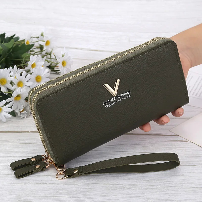 Portefeuille Femme Long Cuir PU Double Fermeture Éclair - Porte-Monnaie Téléphone Rouge