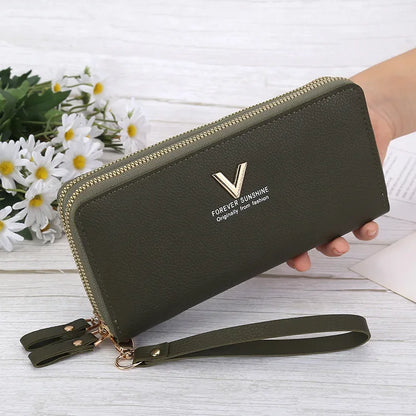 Portefeuille Femme Long Cuir PU Double Fermeture Éclair - Porte-Monnaie Téléphone Rouge