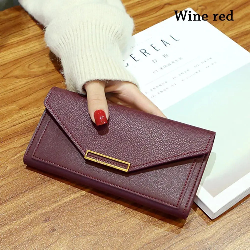 Portefeuille Femme Long Cuir PU Fermoir - Porte-Monnaie Clutch Téléphone 5 Couleurs Noir