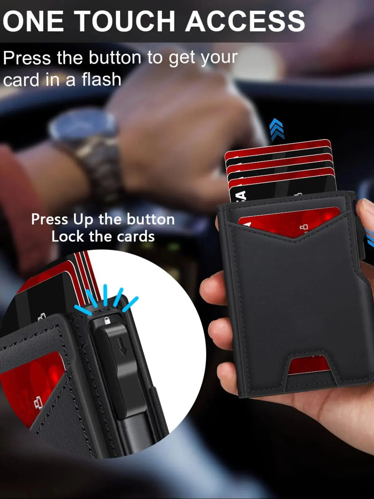 Portefeuille Homme Cuir Noir Slim Bifold RFID - Porte-Carte Pop-Up Métal Blocage Anti-RFID Minimaliste