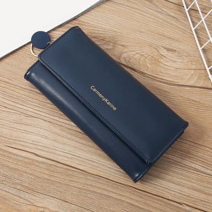 Portefeuille Femme Long Cuir PU Bleu Marine - Porte-Cartes Multifonction Pliable Clutch