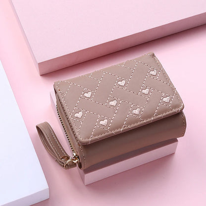 Porte-Monnaie Femme Cœur Brodé Cuir PU - Petit Portefeuille Trifold avec Lanière