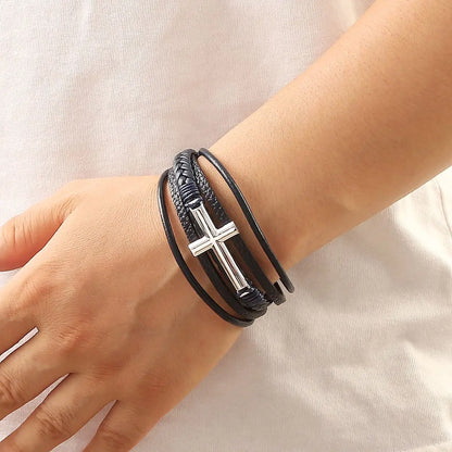 Bracelet Cuir Tressé Multicouche Punk – Boucle Magnétique Croix Homme