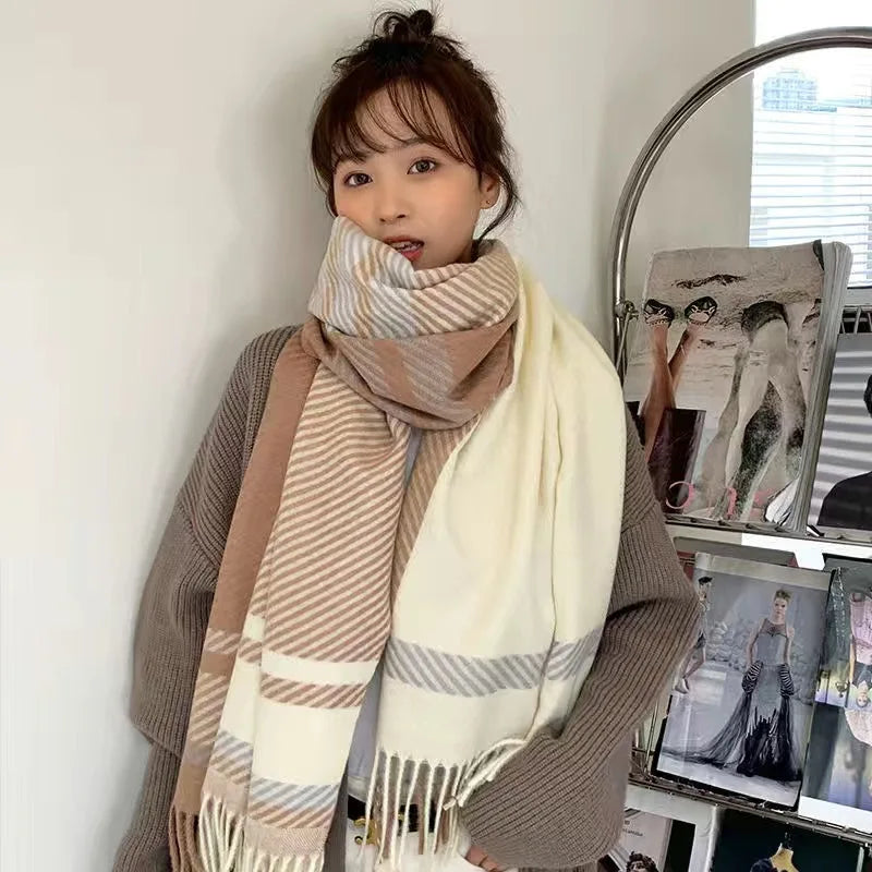 Foulard Écharpe Cachemire Carreaux Femme Hiver - Châle Chaud 175x60cm Gris