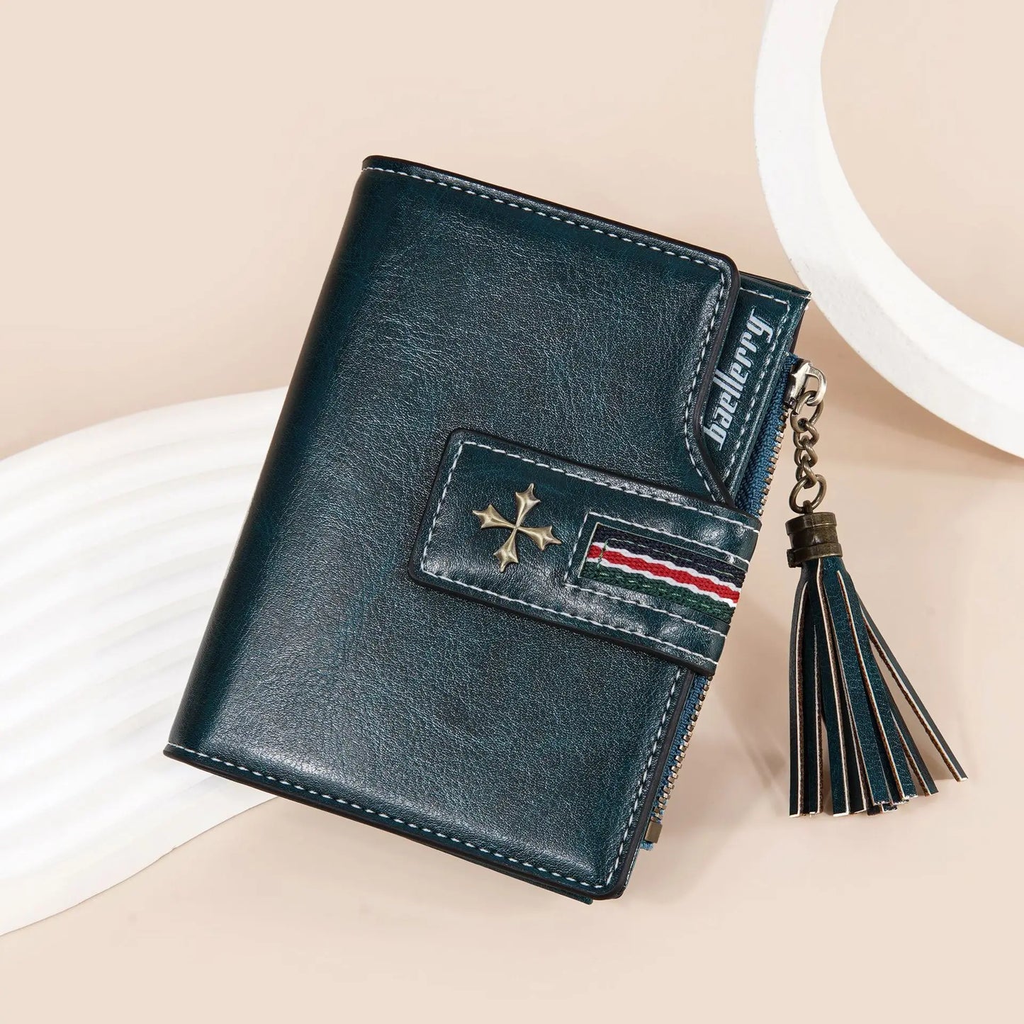 Portefeuille Femme Cuir Ciré Glands - Porte-Monnaie Tri-Fold Multi-Fentes Fermeture Éclair