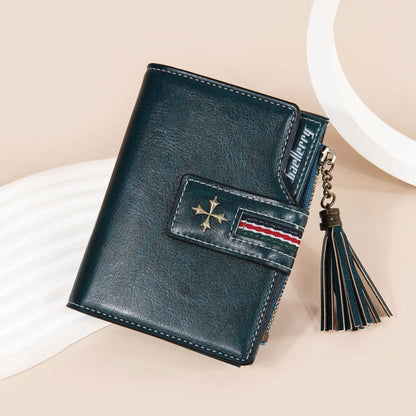 Portefeuille Femme Cuir Ciré Glands - Porte-Monnaie Tri-Fold Multi-Fentes Fermeture Éclair