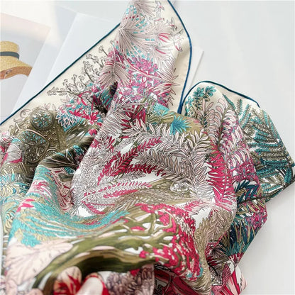 Foulard Carré Soie 100% Pure 90cm Neckerchief Femme - Châle Bandana Luxe Rose Vert