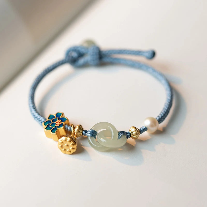 Bracelet Tressé Ethnique Lotus Jade Perle – Ajustable Fleur Femme