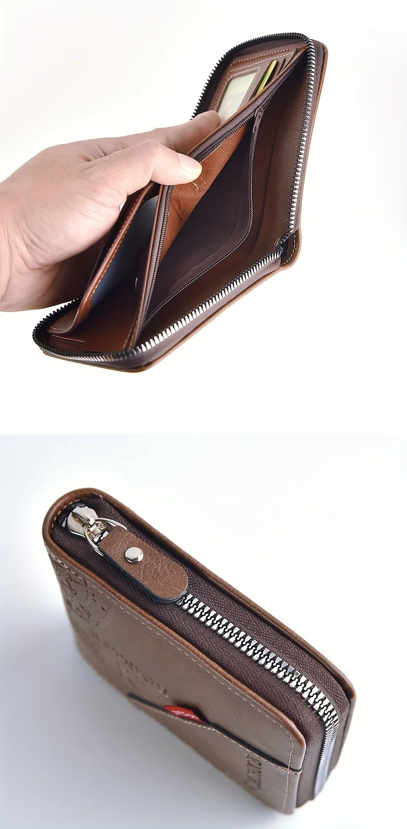 Portefeuille Homme Cuir PU Cire Huile - Court Porte-Monnaie Fermeture Éclair Porte-Cartes