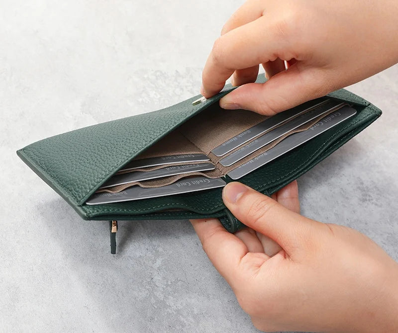 Portefeuille Femme Cuir Luxe 6 Emplacements Cartes Slim - Porte-Monnaie Zippé Détachable Externe Noir