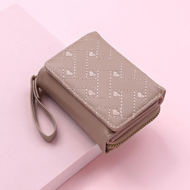 Porte-Monnaie Femme Cœur Brodé Cuir PU - Petit Portefeuille Trifold avec Lanière