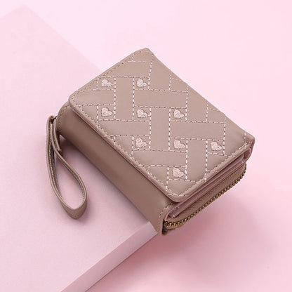Porte-Monnaie Femme Cœur Brodé Cuir PU - Petit Portefeuille Trifold avec Lanière