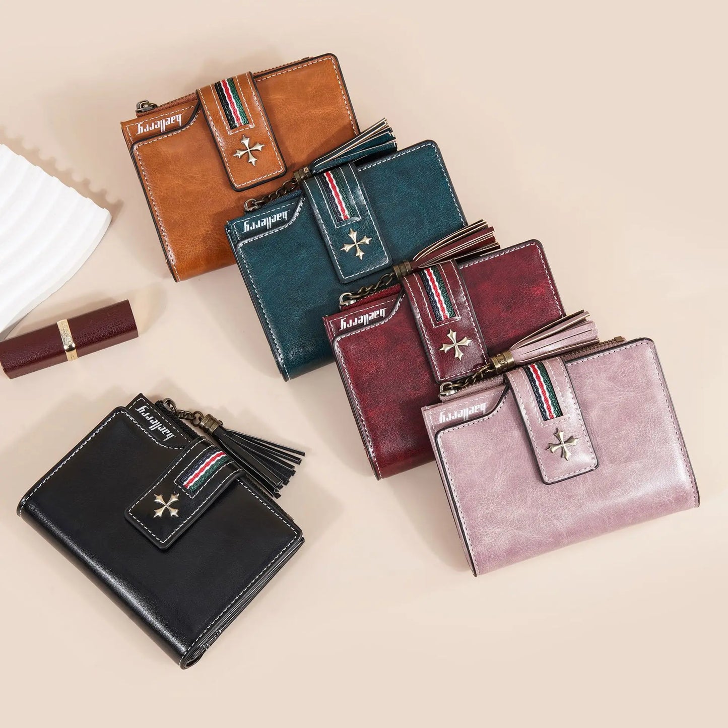 Portefeuille Femme Cuir Ciré Glands - Porte-Monnaie Tri-Fold Multi-Fentes Fermeture Éclair