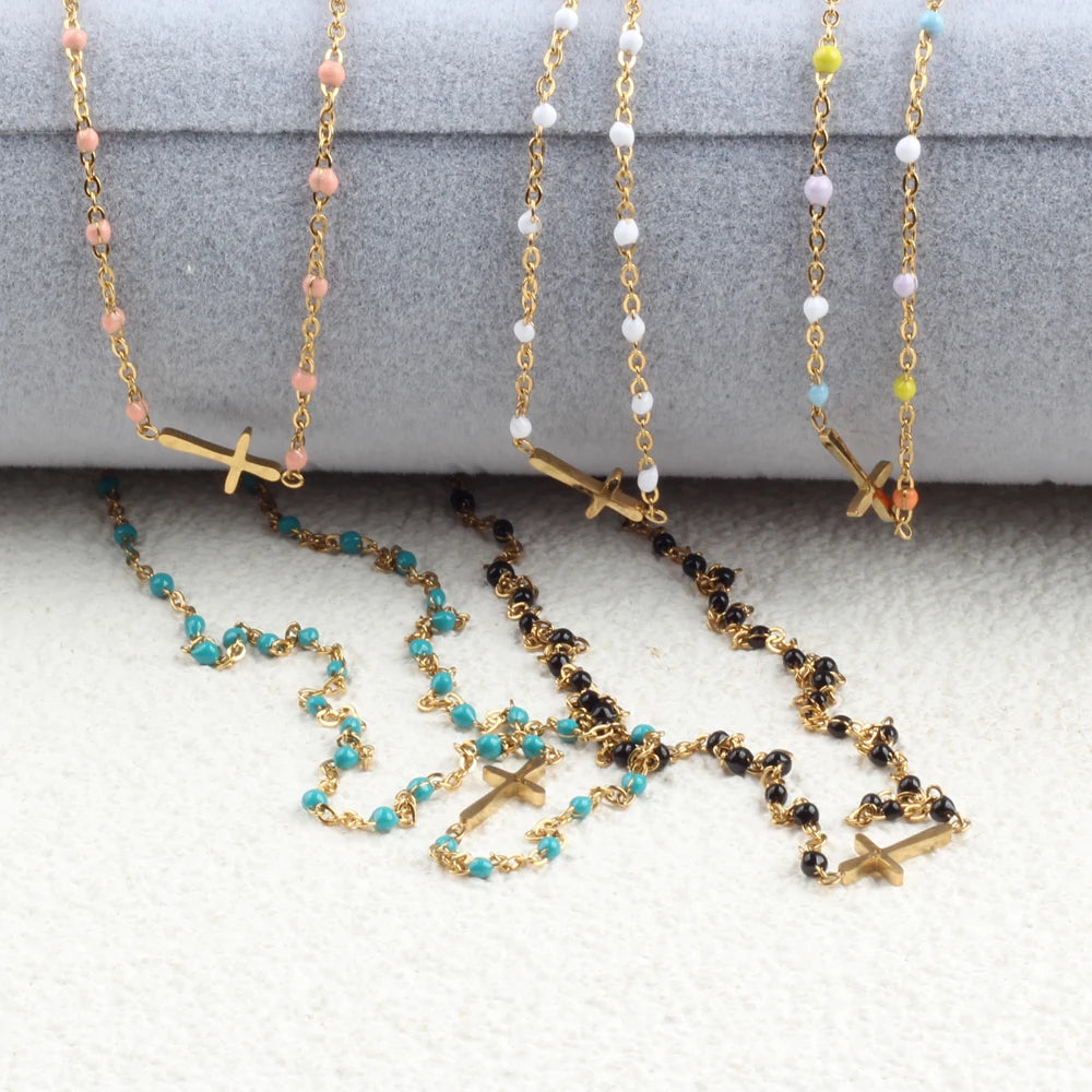 Collier Choker Bohème Croix Émaillé – Acier Inoxydable Plaqué Or Femme