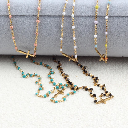 Collier Choker Bohème Croix Émaillé – Acier Inoxydable Plaqué Or Femme
