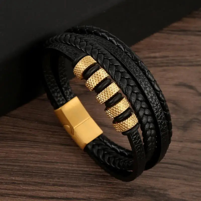 Bracelet Cuir Tressé Multicouche Punk – Boucle Magnétique Croix Homme