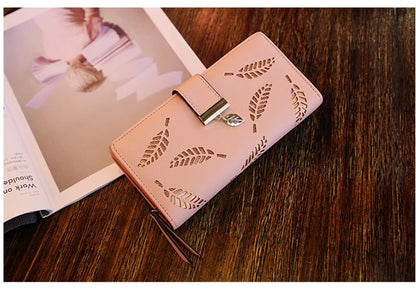 Portefeuille Long Femme Cuir PU Feuilles Dorées - Clutch Porte-Cartes Monnaie Élégant