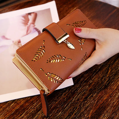 Portefeuille Long Femme Cuir PU Feuilles Dorées - Clutch Porte-Cartes Monnaie Élégant