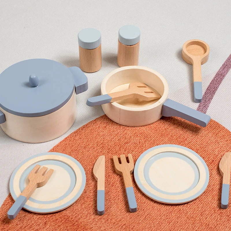 Cuisine Jouet en Bois Bleu - Set Chef Complet Casseroles et Aliments pour Jeu de Rôle 3-6 Ans