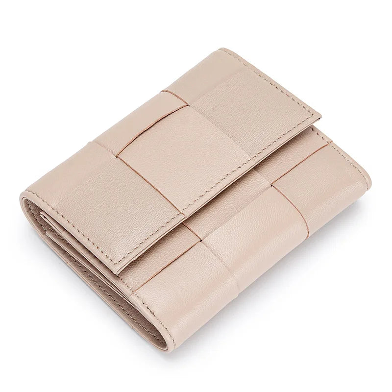 Portefeuille Femme Court Cuir Véritable Peau Mouton Tressé - Porte-Monnaie Trifold Zippé Grande Capacité Noir