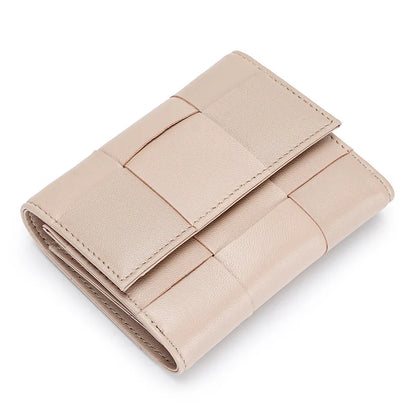 Portefeuille Femme Court Cuir Véritable Peau Mouton Tressé - Porte-Monnaie Trifold Zippé Grande Capacité Noir