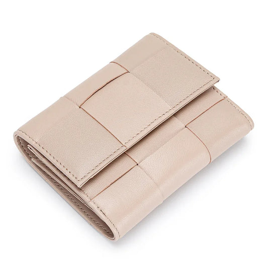 Women's Short Wallet in Genuine Braided Sheepskin Leather - Large Capacity Trifold Zippered Coin Purse Black