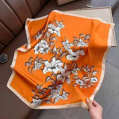 Foulard Carré Soie Satin Imprimé Floral 70x70cm - Neckerchief Bandana Headband Femme
