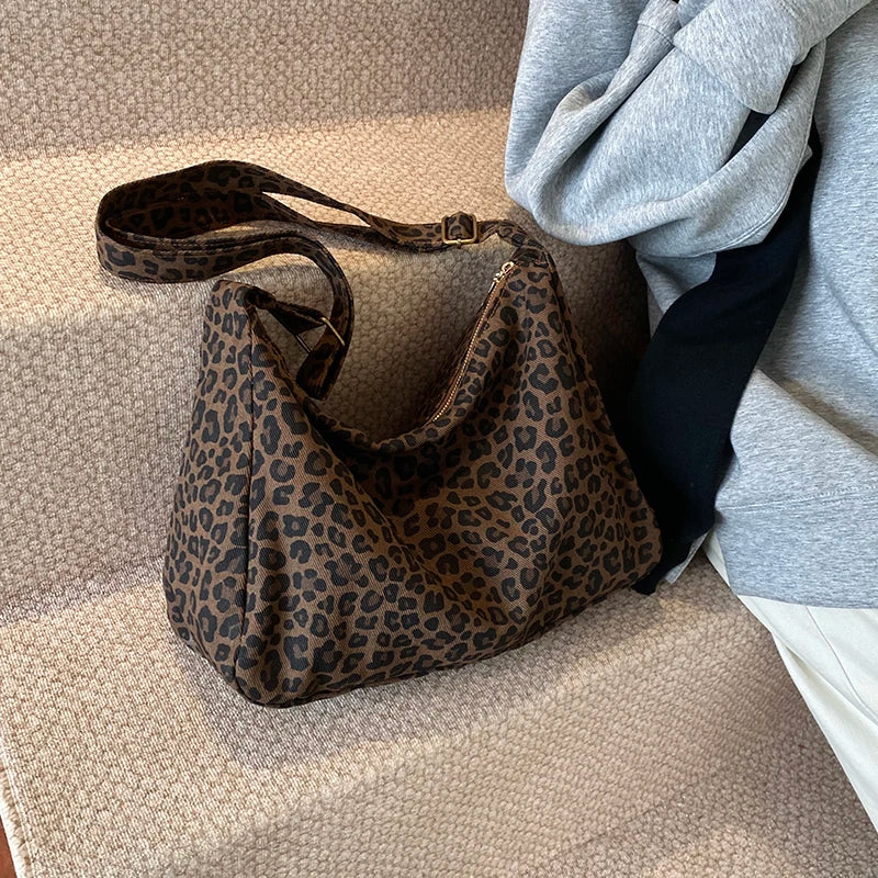 Sac Bandoulière Femme Textile Souple Imprimé Léopard - Sac Épaule Rétro Grande Capacité Casual