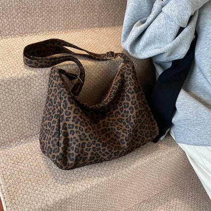 Sac Bandoulière Femme Textile Souple Imprimé Léopard - Sac Épaule Rétro Grande Capacité Casual