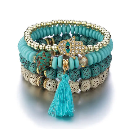 Bracelet Bohème Main Bouddha Turquoise Pompons – Ethnique Spirituel Vintage