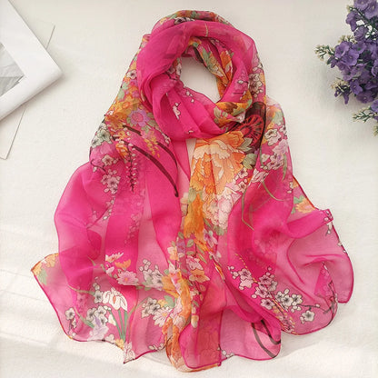 Foulard Écharpe Mousseline Georgette Femme Fleur Prune - Bandana Été Léger Respirant