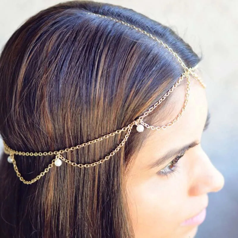 Bijou de Tête Indien Perles Mariée – Chaîne Cheveux Bohème Mariage