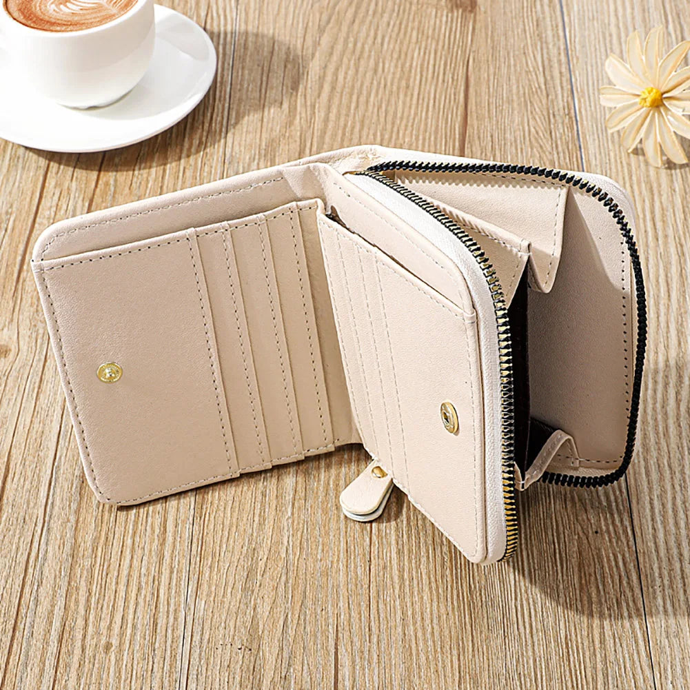 Portefeuille Femme Court Cuir PU Carreaux Zippé - Porte-Carte Monnaie Compact Fashion Noir